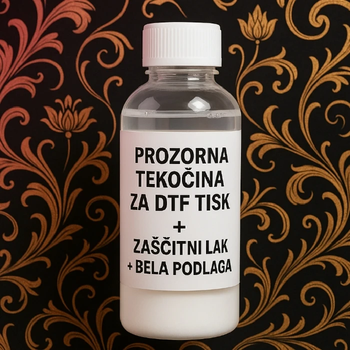 Prozorna tekočina za DTF Tisk zaščitni lak   bela podlaga , ceneje, ugodno, prihranek, lokalno, ljubljana, DTF, zaščitni lak, prozorna tekočina, bela podlaga